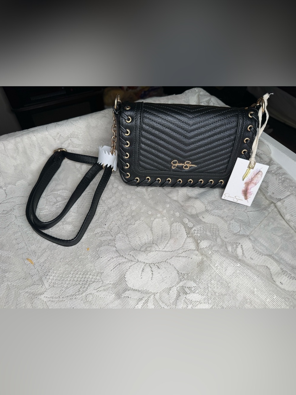 Jessica Simpson Quilted Black Shoulder Bag with Gold Chain Accent Strap NWT